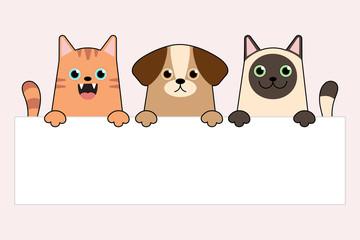 Vector illustration of funny cartoon dog and cats are holding an empty for your text on pink background.