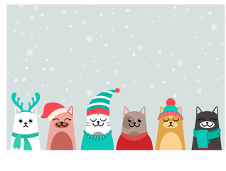 Merry Christmas cats, collection of christmas cats in santa hats, winter headwear. Happy xmas pets greeting card.