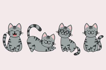 Different cartoon cat characters set, poses and emotions.