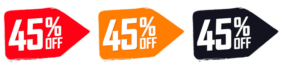 Set Sale 45% off banners, discount tags design template, extra promo, brush grunge, vector illustration