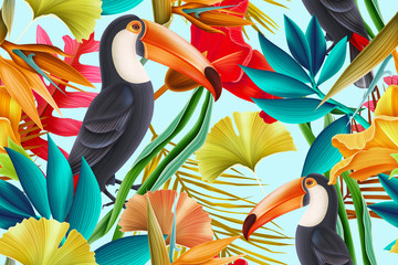 Seamless pattern design with Toucan bird and Tropical leaves. © Natalia @themishaart