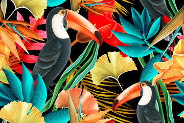 Seamless pattern design with Toucan bird and Tropical leaves.