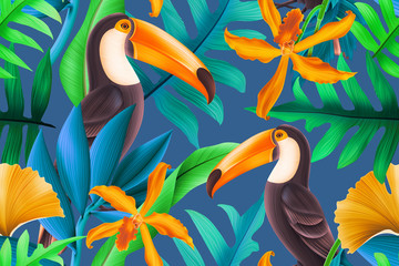 Seamless pattern design with Toucan bird and Tropical leaves. - 373406788