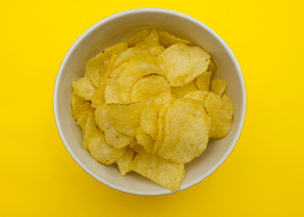 plate with chips on a yellow background top view