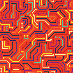 Pop and Colorful Circuit Board Puzzle Seamless Pattern, Electricity component. Vector Wallpaper Background