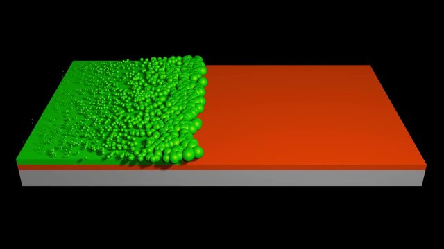 Paint , liquid coating applied to surface. Fluids spread over solid material . Particles collide and stick to object. Two coats. Painting Liquid coating . 3d animation 