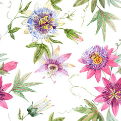 Beautiful seamless floral pattern with watercolor summer passionflower flowers. Stock illustration.