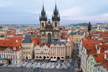 Naklejka na ściany i meble Soul of Prague - Old Town Square and Tyn Church. View from the observation deck of the Old Town Hall
