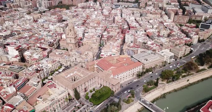 Aerial view of part of european city Murcia with coast line of segura river, Spain