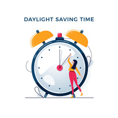 Daylight saving time illustration. Young woman turns the hand of the clock. Turning to winter or summer time, alarm clock vector design. Character in modern flat art style for your tiny people concept - 373408968