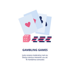 Gambling casino games banner with cards flat vector illustration isolated.