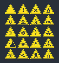 Road warning signs set. Triangular yellow symbols increased fire peril danger of loose soil radioactive alarm lethal electrical voltage ice deposit ahead biological hazard. Information vector.