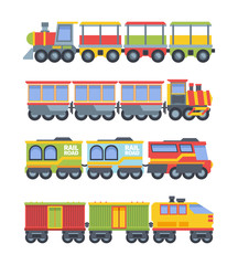 Toy trains set. Colorful game steam locomotive with wagons stylish retro and modern designs industrial vehicle entertainment transportation of goods containers. Cute cartoon vector.