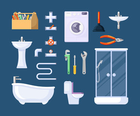 Bathroom plumbing tools set. Box with adjustable wrenches and pliers plunger for cleaning blockages adapter pipes plug valves eliminating leaks in bathroom and shower stall. Vector repair.