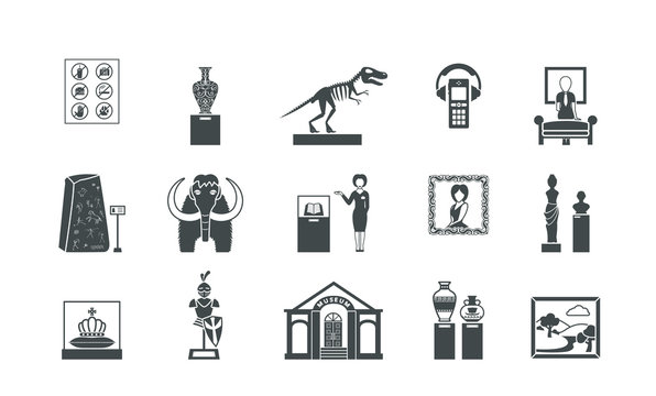 Museum historical silhouette set. Exhibitions of ice age and antique roman statues stuffed mammoth ancient golden crown painting by medieval artists armor weapons of knights. Flat silhouette vector.