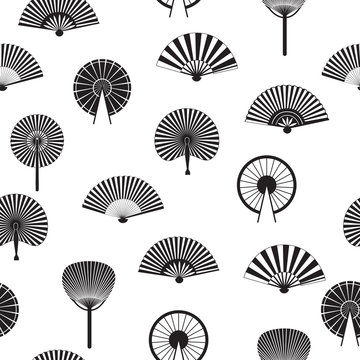 Seamless pattern with oriental asian fans black icons, vector illustration.