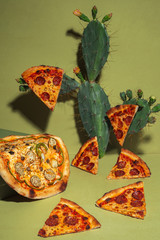 Creative layout of hot delicious pizzas with cactus on mustard  background. Pizza pepperoni and...