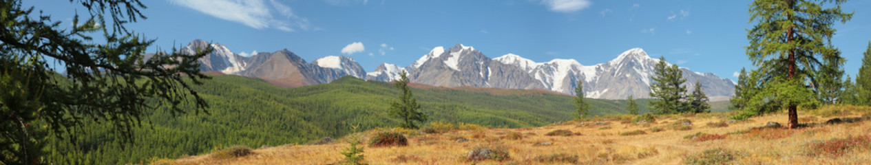 Altai Mountains on a summer morning, beautiful sky, panorama landscape