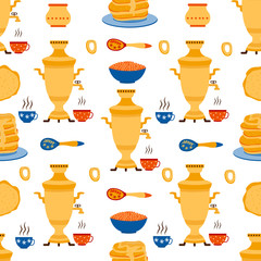 Russian maslenitsa seamless pattern with samovar and caviar vector illustration.