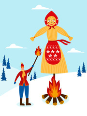 Effigy burning on feast of Maslenitsa or Shrovetide flat vector illustration.