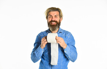 The highest quality. hygiene and sanitary. man in public toilet. diarrhea concept. man holding...