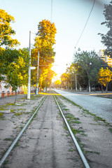 Fototapeta na wymiar Tram tracks along the street. Green Trees in the rays of sunlight. Vertical photo