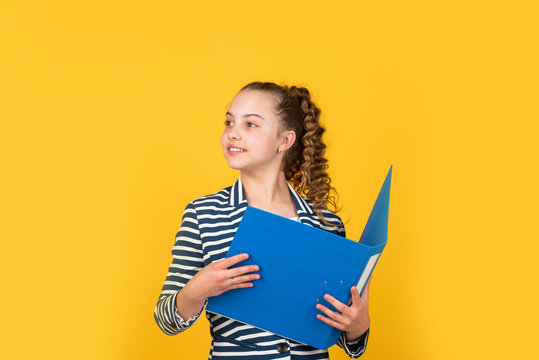 Administrative. Coordinator and project management. Library assistant. Student teen formal style. Education concept. Happy girl hold library folder. School library. Knowledge and information