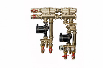 Pumps and fittings for pumping hot water supply, isolated on white.