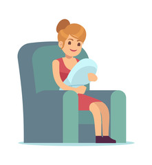 Happy mom with newborn baby. Young female character holding little son and sitting on armchair in home, motherhood concept vector cartoon flat isolated illustration