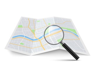 Realistic magnifying glass and map. Magnification zoom street search, searching location on geography brochure find direction in city navigation concept vector 3d isolated illustration