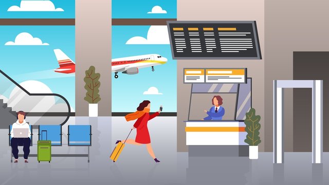 Check in airport. Woman runs with suitcase is late for airplane, air flight checking ticket and documents, passenger registers waiting plane departure traveller flat vector concept