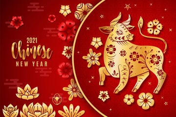 Chinese new year 2021. Traditional poster with red and gold ox, flower and asian elements, zodiac bull year oriental horoscope vector background