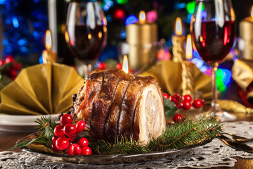 Traditional italian porchetta on festive table