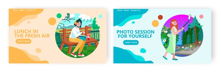 Girl having lunch break and eating noodles on a bench in park. Woman taking selfie photo with nature landscape. Travel concept illustration. Vector web site design template