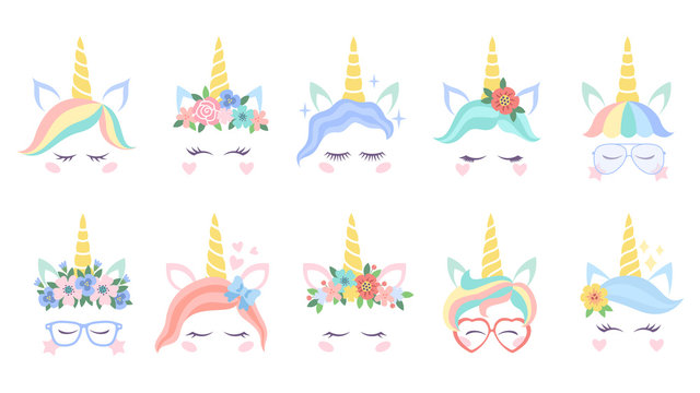 Unicorn face. Various cute pony unicorns funny heads. Magic horn in rainbow flower wreath and great eyelashes cartoon vector characters