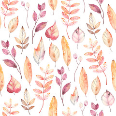 Autumn seamless pattern with colorful fallen leaves isolated on white background. Watercolor botanical composition for fabric, textile, wallpaper and wrapping paper.