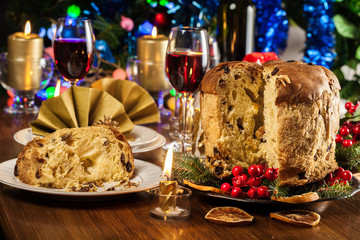 Christmas panettone cake with raisins and fruits