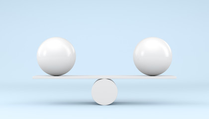 Two spheres on white scales on a blue background. 3d render illustration.