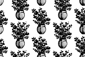 Hand painted flower vases in ink seamless vector pattern. Flower vases painted in black over white. Great for home decor, fabric, wallpaper, gift-wrap, stationery and packaging design projects.