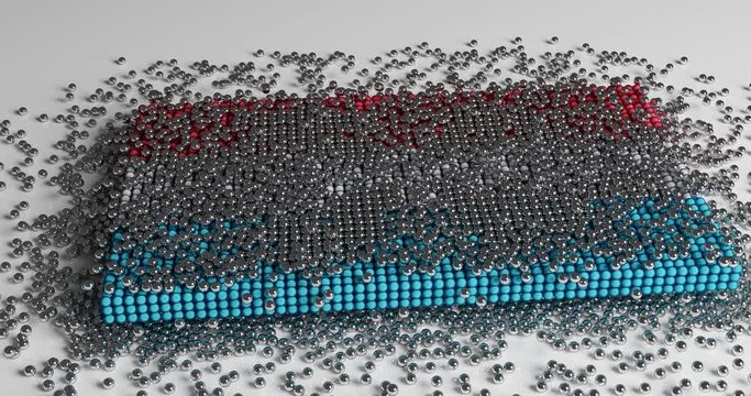 Flag of the Grand Duchy of Luxembourg - Europe. A number of 4087 little spheres are accurately inserted into a box. Fall down of little chromed balls