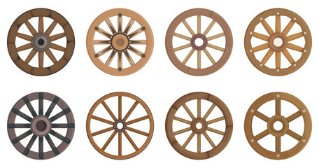 Wooden wheel cartoon vector set illustration of icon.Wheel wagon vector set of icon.Cartoon collection wooden cartwhee wagon on white background.