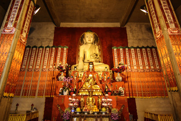 JingAnSi, Jingan Qu, Shanghai, China - 15 April 2019  : A Golden Statue of Guanyin known as the goddess of compassion and mercy, is enshrined within the Jing' An Temple for visitors' worshiping.