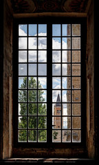 Parma, Emilia Romagna, Italy, view of the bell tower from an ancient palace window, Unesco world heritage site