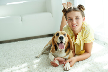 Child with a dog. Teenage girl with a beagle dog at home. High quality photo.