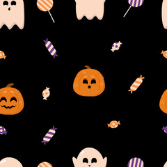 Halloween Pattern. Vector seamless pattern with sweets, pumpkins, ghosts.