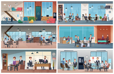 Business offices. Professional business interiors working open space managers talking sitting walking vector background. Office professional interior, manager at workplace illustration © ONYXprj