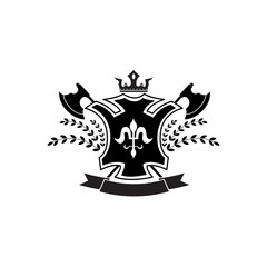 Ornate heraldic coat of arms badge with crossed axes, crown symbol and wreath