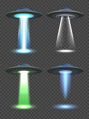 Ufo lights. Futuristic spaceship spotlight with fog transparent light of future technology vector realistic illustrations. Futuristic spaceship, spacecraft spotlight © ONYXprj