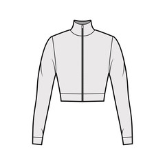 Zip-up cropped turtleneck jersey sweater technical fashion illustration with long sleeves, close-fitting shape. Flat outwear jumper apparel template front grey color. Women men unisex shirt top CAD
