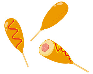 マスタードとケチャップソースをかけたアメリカンドッグのベクターイラスト